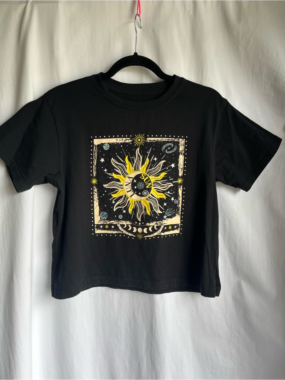 Black Sun & moon Graphic Crop Top - Yellow Sunburst Design